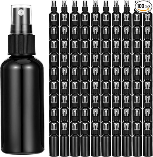 100 Pcs 2oz Black Spray Bottles, Fine Mist Refillable Travel Size Plastic Spritzers - Leak Proof Mini Mister for Cleaning, Hair, Essential Oils & Perfume