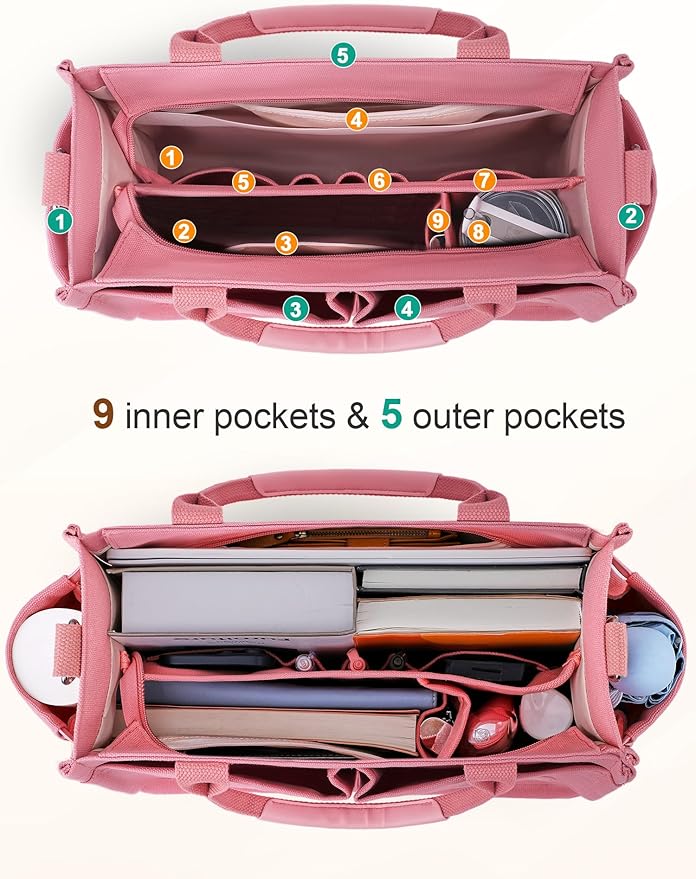 FIORETTO Womens Canvas Tote Bag Purse with Individual Compartment, Zipper Top, Reinforced Bottom & Luggage Sleeve