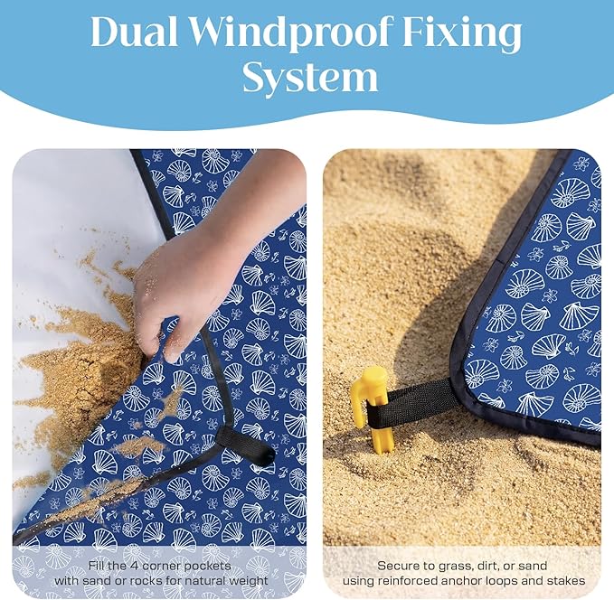 OIGAE Family Beach Blanket, 7×8 ft Sand-Free Picnic Mat for 1–4 People, Quick-Dry Lightweight Outdoor Blanket with Stakes & Corner Pockets, Shell, Blue