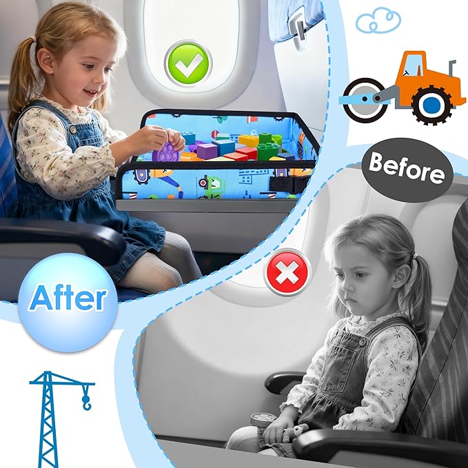 Kids Travel Tray Table Cover with Pockets – Toddler Airplane Essentials for Plane, Train, Car & Highchair, Portable Activity Board with Tablet Holder & Storage (Light Blue)