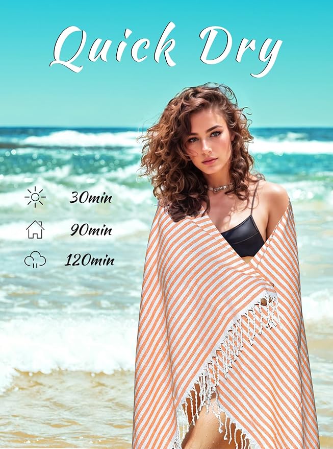 cabanana Turkish Beach Towel Oversized - 40"x70" Quick Dry Sand Free Thin Beach Towels for Adults,Extra Large Cotton Lightweigh Travel Towel for Beach Accessories (Orange)