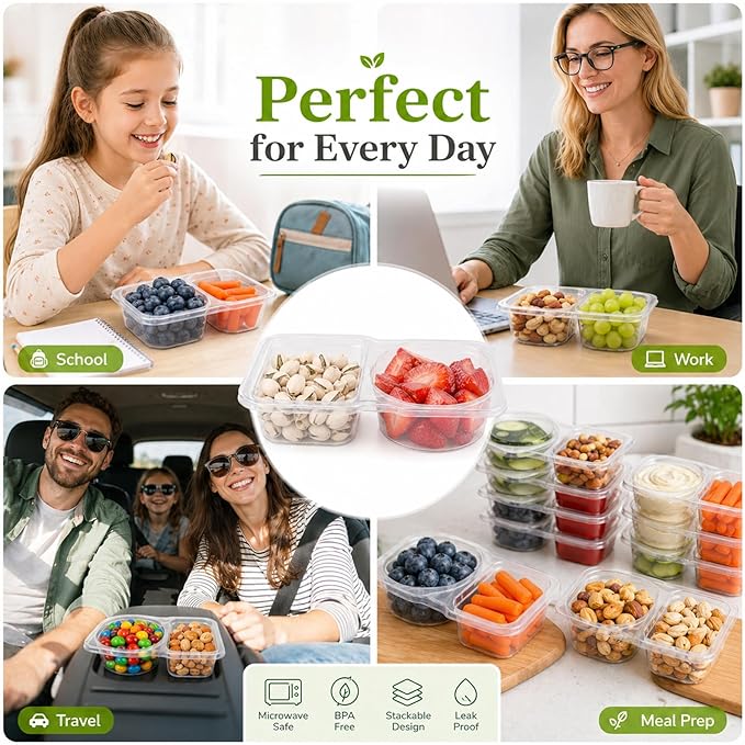 40 Pack Snack Containers, Reusable 2 Compartment Condiment Containers with Lids, Ideal for On-the-Go Mini Sauce Boxes & Snack Prep Containers for Kids and Adults, BPA-Free