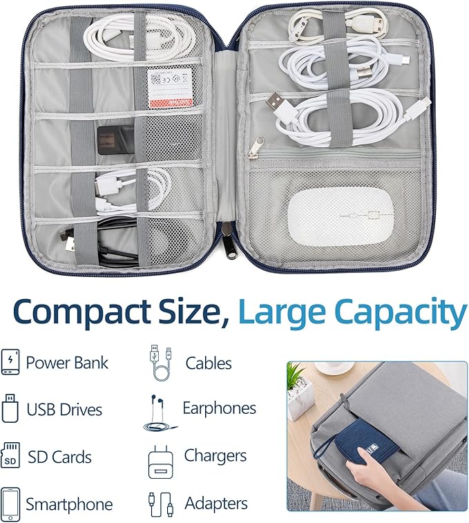 Electronics Organizer Travel Case - Water-Resistant Tech Bag for Cables, Chargers & Cord Management - Small Portable Pouch for Travel Accessories, Gear Bag for Airplane & Business
