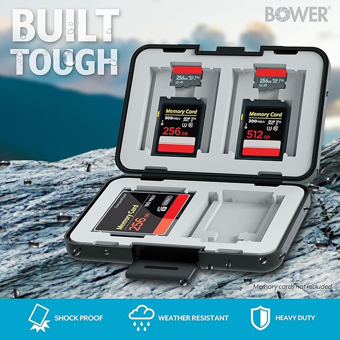 Bower Sky Capture Series Memory Card Case | Rugged Hard Plastic Exterior with Shock Absorbing Liner, Secures up to 12 Memory Cards with Snap-in Locking System for SSD/SD/Mini SDHC Flash Drive | Black