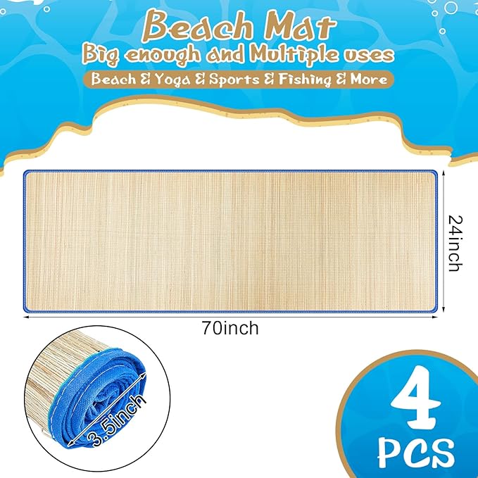 Qunclay 4 Packs Straw Beach Mat Waterproof Non Slip Straw Mat Foldable Lightweight Picnic Mat with Trim for Camping Sunbathing Picnic Floor Yoga