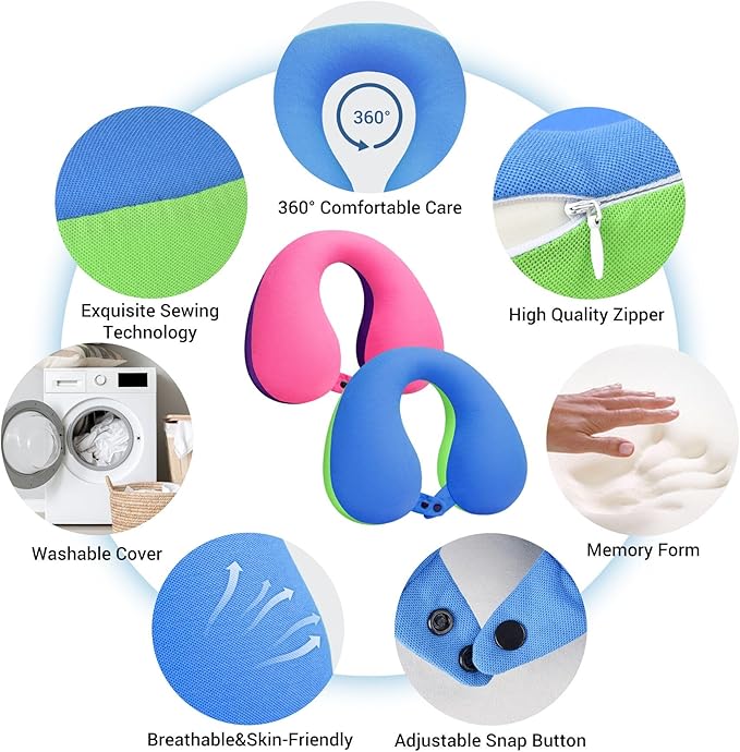 COOLBEBE Kids Travel Neck Pillow 2PCS Softly Headrest Travel Pillow for Car & Airplane, Traveling Gifts for Toddler & Children (Bluish Green & Pinkish Purple)