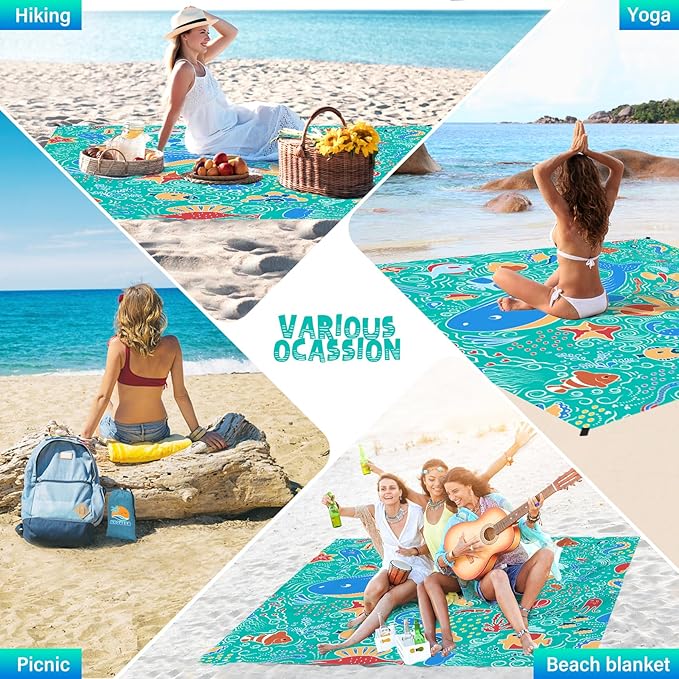 Aroveea Beach Blanket Waterproof Sandproof 1-7 Adult Oversized 78''X81''/10'X9' Lightweight Durable Compact Sand Free Beach Mat for Travel Camping Hiking Picnic Blanket