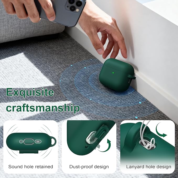 R-fun for AirPods Pro 3 Case (2025), Soft Silicone Protective Case Cover Compatible with Apple AirPods Pro 3rd Generation (USB-C Cable) for Women Men with Cleaning Kit and Keychain, Black Green