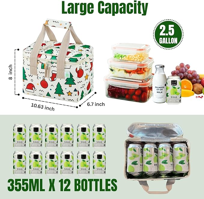 VENO 2 Pack Insulated Lunch Bag for Women Men, Reusable Lunch Box Grocery Shopping Bag Small Cooler with Handles Zippers for Work Office Picnic Beach (Jingle Mix)