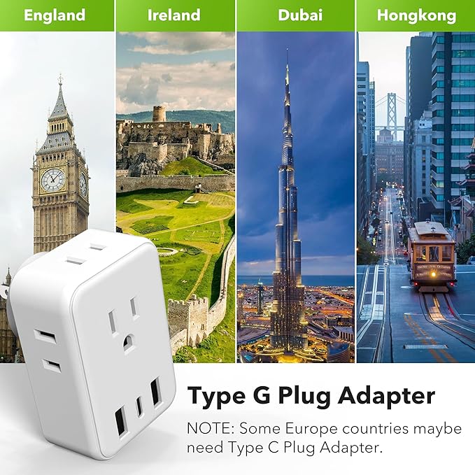 BN-LINK US to UK Plug Adapter, Type G Plug Travel Adapter with 4 AC Outlets and 3 USB Ports (1 USB C), UK Power Adapter for USA to Ireland England Dubai London Scotland British Kenya Hong Kong