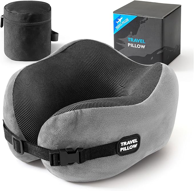 Neck Pillow Travel Pillow - 100% Pure Memory Foam Airplane Pillow with Adjustable Clasp & Removable Cover, Portable Travel Essentials for Long Flights, Car & Office (Light Gray)