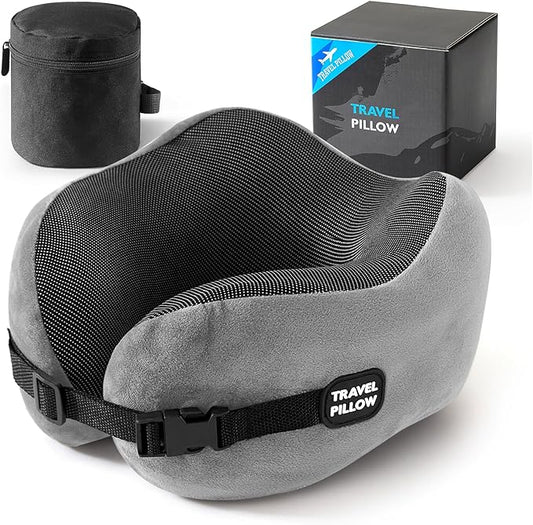 Neck Pillow Travel Pillow - 100% Pure Memory Foam Airplane Pillow with Adjustable Clasp & Removable Cover, Portable Travel Essentials for Long Flights, Car & Office (Light Gray)