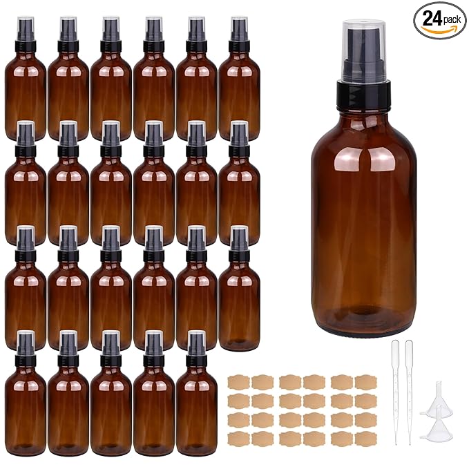 GIVAMEIHF 4oz Amber Glass Spray Bottles Mist Sprayer Set of 24,Empty Small Spray Bottle Fine Mist Spray Refillable Containers,Mini Travel Bottle Spray Bottle Make Perfect Oil,Perfume,Body Sprays