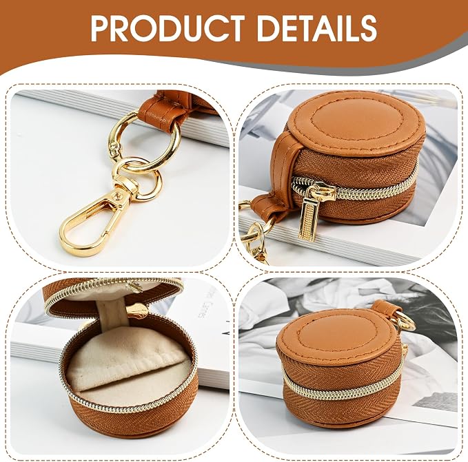 Portable Ring Keychain Holder for Gym and Travel - Jewelry Holder for Sports Bag, Compact Ring Earring Necklace Storage Case (brown)