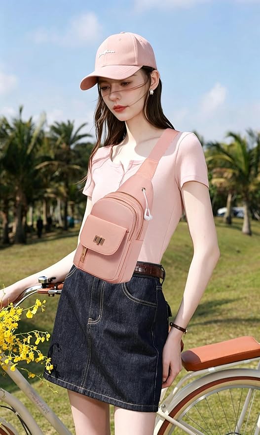 Sling Bag Small Compact Crossbody Bags for Women Anti-Theft Multiple Pockets Waterproof Fanny Pack for Travel Hiking Daily Pink