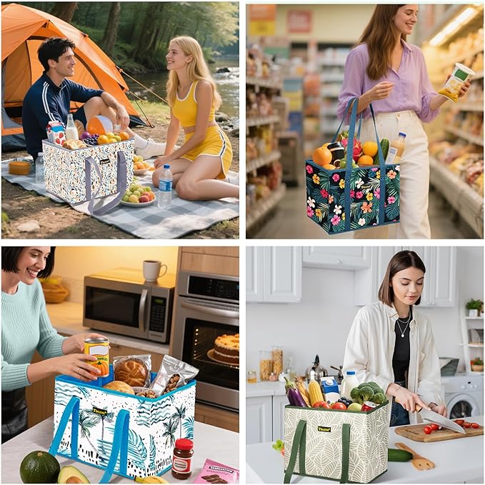 BALEINE 6Pk Reusable Grocery Bags, Foldable Shopping Bags for Groceries with Reinforced Bottom & Handles (Antique Foliage)
