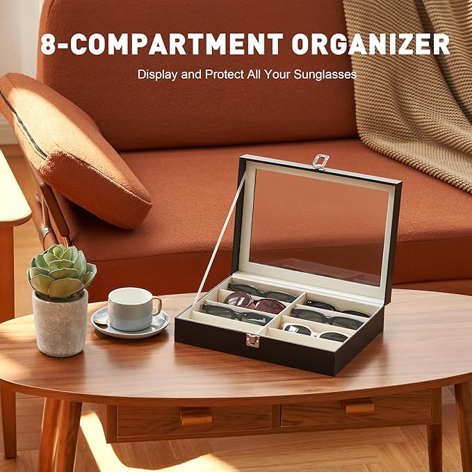 CO-Z Leather Multi Sunglasses Organizer for Women Men, Eyeglasses Eyewear Display Case with 8 Slots, Jewelry Watch Organizer, Sunglasses Jewelry Collection Case, Sunglass Glasses Storage Holder Box