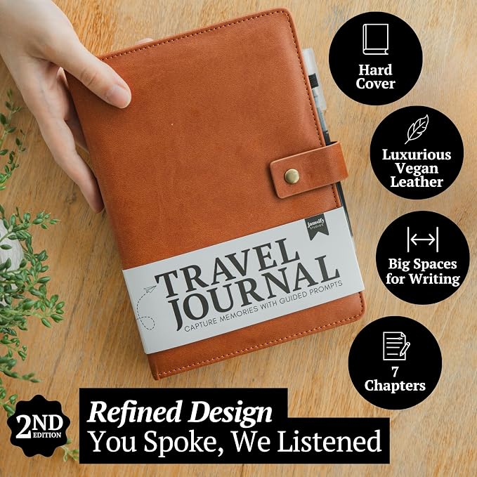 Travel Journal with Prompts (Hardcover) 2nd Edition - Vegan Leather Adventure Essential - 2-Page-A-Day Travel Journal (40 Days) for Women Men Nonbinary - A5 Daily Diary & Traveler Notebook - Gift - Present