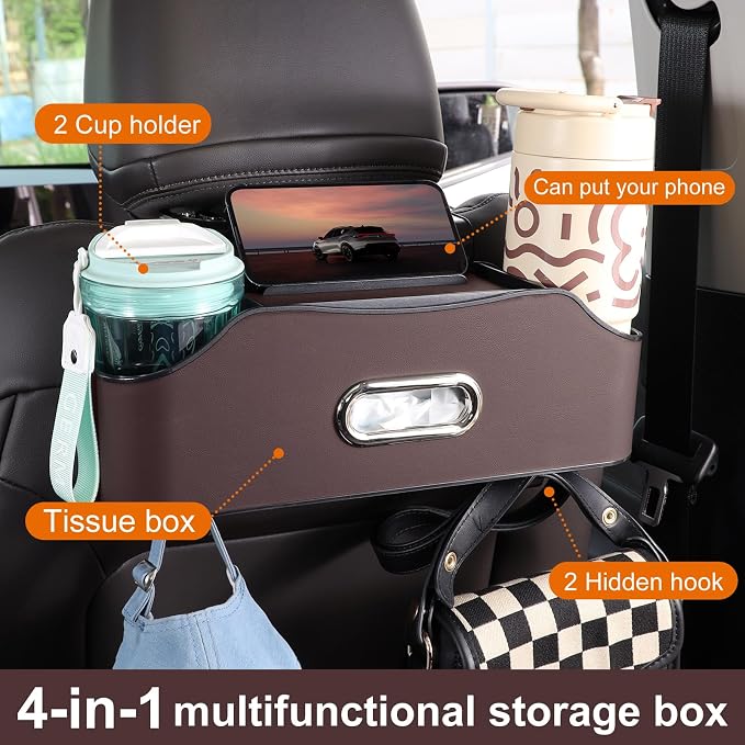 Back Seat Cup Holder for Car – Multifunctional Seat Back Organizer with Drink Holders, Tissue Box Storage & Hooks, Fits Headrest for Auto. (Brown)
