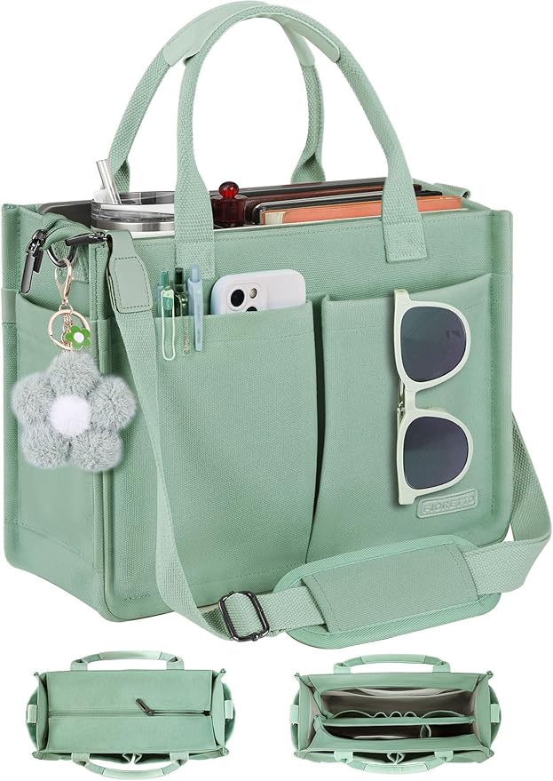 FIORETTO Womens Canvas Tote Bag Purse with Individual Compartment, Zipper Top, Reinforced Bottom & Luggage Sleeve