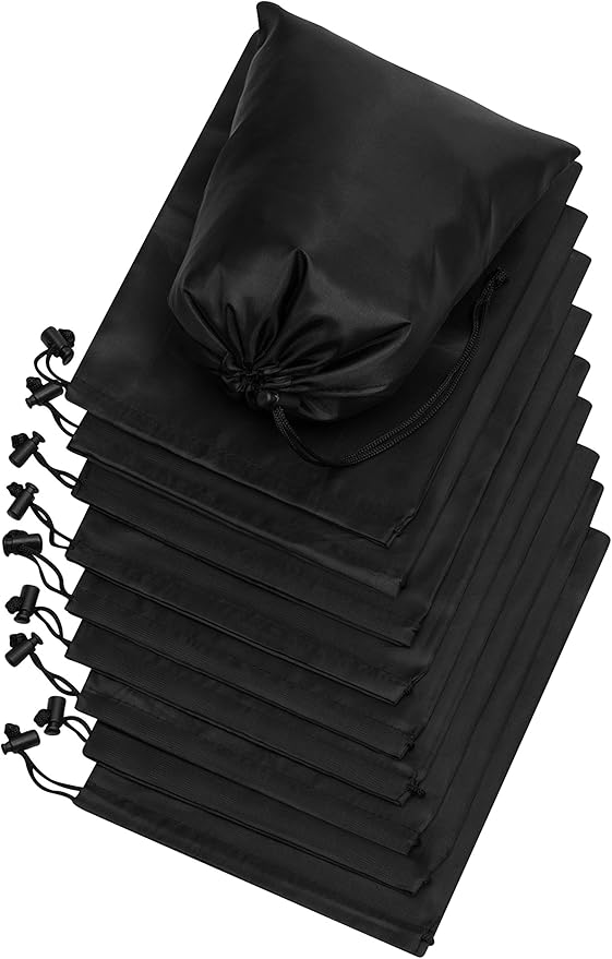 PALTERWEAR Drawstring Pouch (7 x 9 Inch, 12 Pack, Black) Nylon Cinch Bag with Toggle for Travel, Gym and Storage