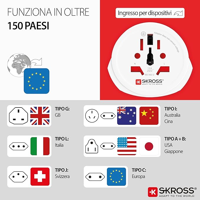 Skross World to Europe Country Travel Adaptor, White