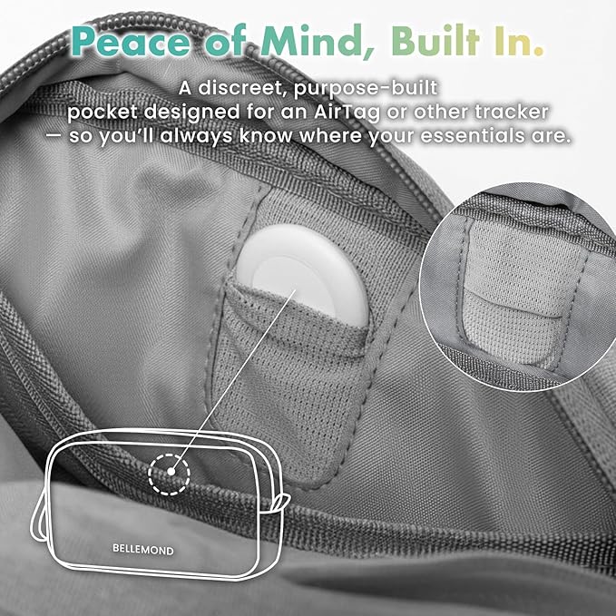 BELLEMOND Tech Organizer Pouch for Travel | Electronics Organizer Case for Cables, Chargers & Accessories | Hidden AirTag Pocket, Cable Pass-Through & Waterproof Base | Charcoal Gray