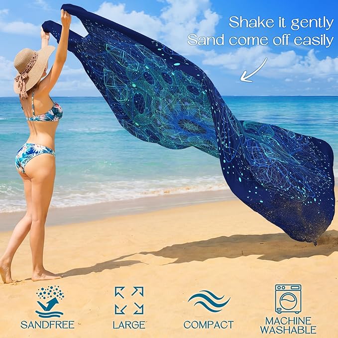 BYDOLL Beach Blanket Waterproof Sandproof Large Sand Free,78''X81''/10'X9' Oversized Sandless Lightweight Blanket Picnic Mat for Beach Travel Camping Hiking with Stakes