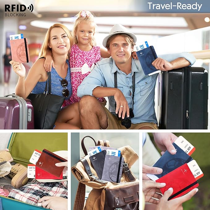 Passport Holder and Card Slot Combo RFID Blocking Leather Personalized Travel Passport Wallet for Men and Women US Passport Cover Protector (Soccer light grey)