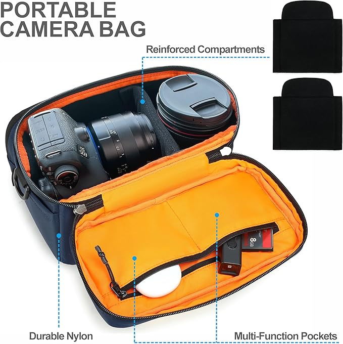 Padwa Lifestyle Blue Small Portable Camera Bag - Compact Nylon Camera Photography Bag Weather Resistant with Lens Compartment,Casual Camera Bag for Small Digital,SLR,Mirrorless Cameras