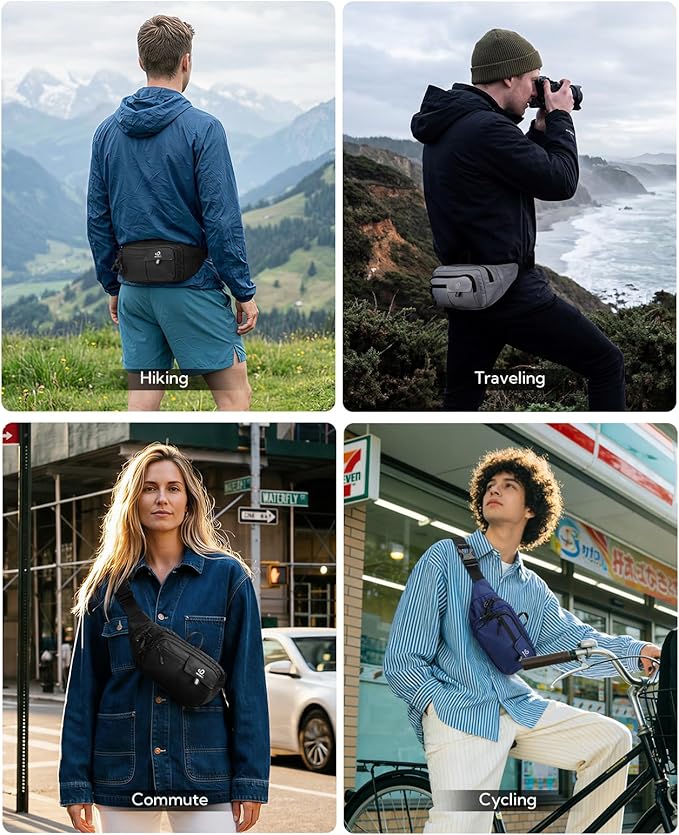 WATERFLY Fanny Pack Waist Bag: 3L Waist Pack with Anti-Theft RFID Blocking, 9 Pockets & Adjustable Belt Water Resistant Hip Pack for Women Men Travel Hiking Running