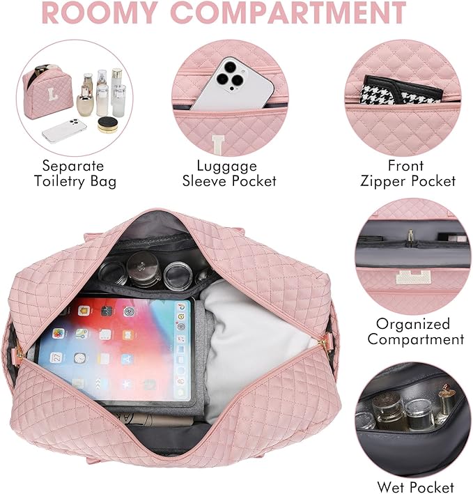 Initial Travel Duffle Bag for Women - Pink Personalized Weekender Bags Overnight Bag with Shoe Compartment & Wet Pocket Weekend Tote Bags with Toiletry Bag Monogram Xma Gifts (Letter L)