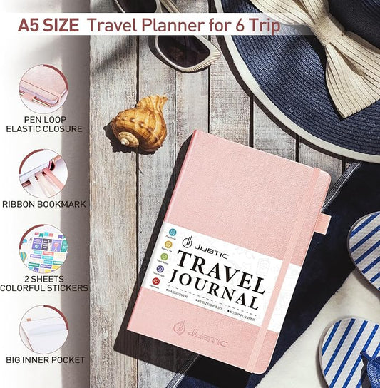 JUBTIC Travel Journal & Planner, Vacation Organizer with Budget Tracker & Checklist, A5 Size Trip Diary & Notebook for 6 Trips, Travel Gifts for Women, Men & Couples (Rose Gold)