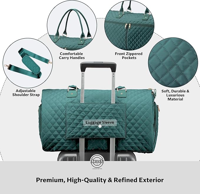 STOVER Women’s Convertible Garment Duffel Bag for Travel – 2-in-1 Carry-On Weekender/Overnight Tote - Wrinkle-Free Dresses, Suits & Clothes + Shoe Compartment & Bonus Toiletry Bag (Emerald Green)