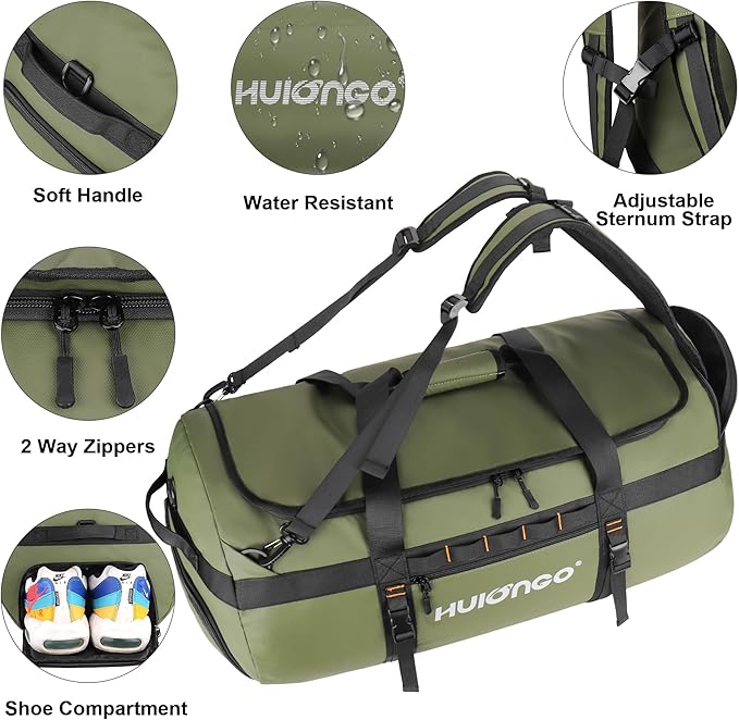 Hulongo 40L/60L/90L Large Waterproof Duffle Bag Backpack for Men, Mens Duffel Backpack Bags for Traveling, Heavy Duty (Green, 60L)