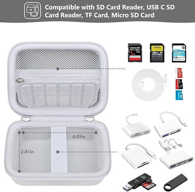 Computer Memory Card Readers Organizer Case Compatible with SD Card Reader, USB C SD Card Reader, TF Card, Micro SD Card, Portable Memory Card Accessories Storage Bag Travel Case, White