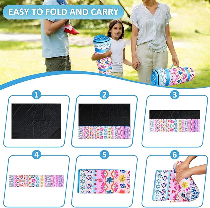 Floral Picnic Blankets Waterproof Foldable, 60″X80″ Packable Picnic Mat Flowers Outdoor Blanket for Grass, Large Beach Blanket Sandproof Picnic Accessories for Camping Music Festival Park Lawn Travel