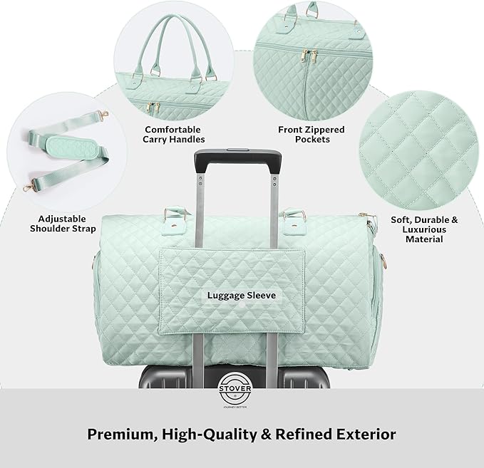 STOVER Women’s Convertible Garment Duffel Bag for Travel – 2-in-1 Carry-On Weekender/Overnight Tote - Wrinkle-Free Dresses, Suits & Clothes + Shoe Compartment & Bonus Toiletry Bag (Coastal Mint)