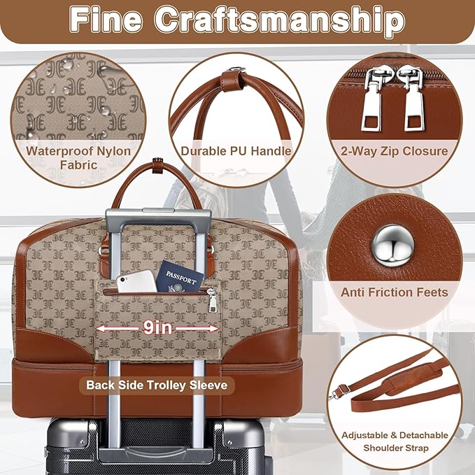 ITIEZY Weekender Overnight Bag for Women - Large Travel Duffel Bag with Shoe Compartment, Gym Duffel Bag Hospital Bag Carry On Tote Bags for Airplanes with Crossbody Bag Toiletry Bag 3Pcs Set