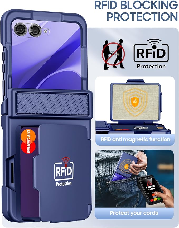 for Motorola Razr 2025 Case/Razr 2024 Case with Card Holder RFID Blocking, Built in Hinge Protection,Screen Protector,Full Body Rugged Shockproof Phone Case for Razr 2025/2024 (Sapphire Blue)