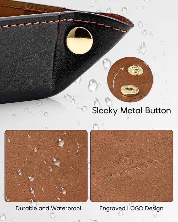 Valet Tray for Men Women, Nightstand Organizer Vanity Catchall Holder for Dresser Desk Storage Bedside, Travel PU Leather Jewelry Key Bowl Coin Watches and Candy Entryway Tray - Large, Light Brown
