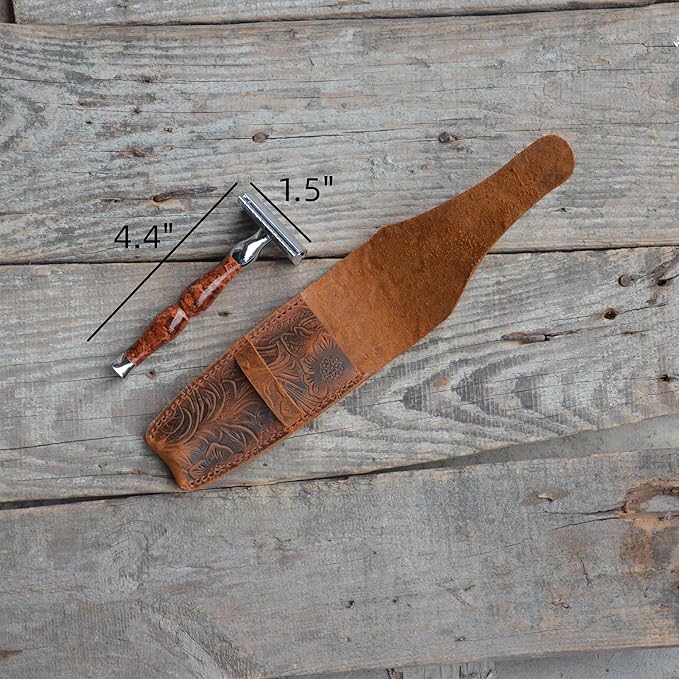 JJNUSA Old Fashioned Sleeve Travel Pouch Leather Safety Razor Case, Double Edge Razor 4.5", Shaving Accessories, Personal Care Essentials, Men's Shaving Razor Flower brown