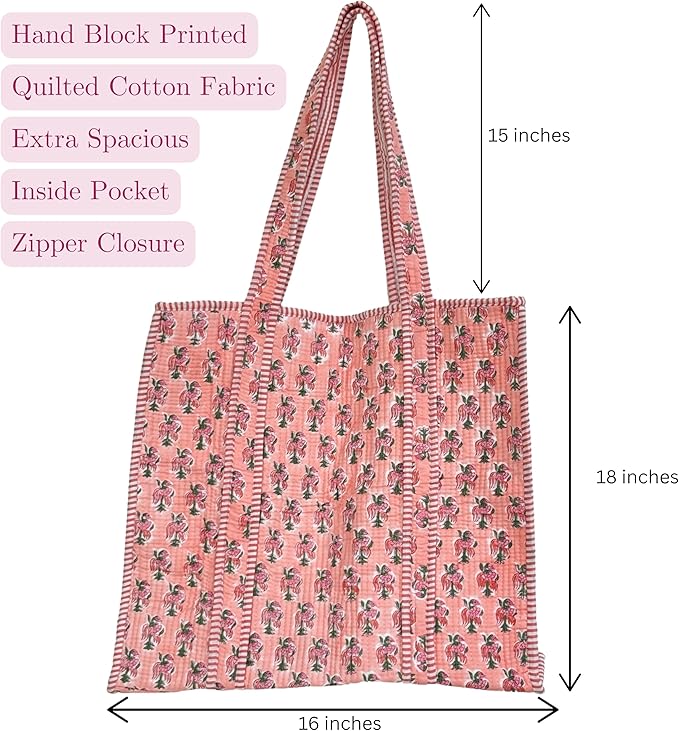 ATOSII Women Handblock Print Quilted 100% Cotton Floral Large Shoulder Tote Bag with Pocket, Zipper for Work, Beach & Travel