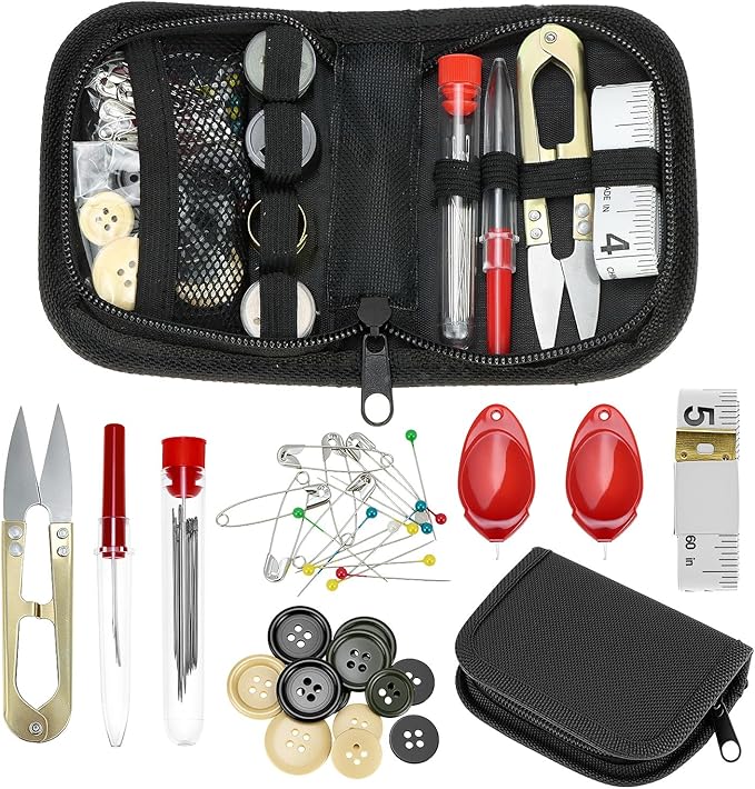 QWORK Military Sewing Kit Tactical Survival Repair Set with Heavy Duty Nylon Zipper Case, Basic Mending Tools with Military Buttons & 3 Large Thread Spools for Camping & Field Use