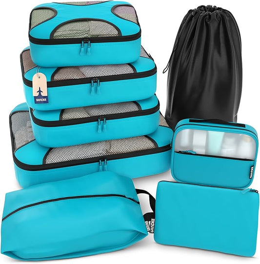 Shacke 8 Set Packing Cubes for Travel – Complete Luggage Organizer Set with Laundry, Shoe, Toiletry & Accessories Bag, Suitcase Travel Organizer (Aqua Teal)