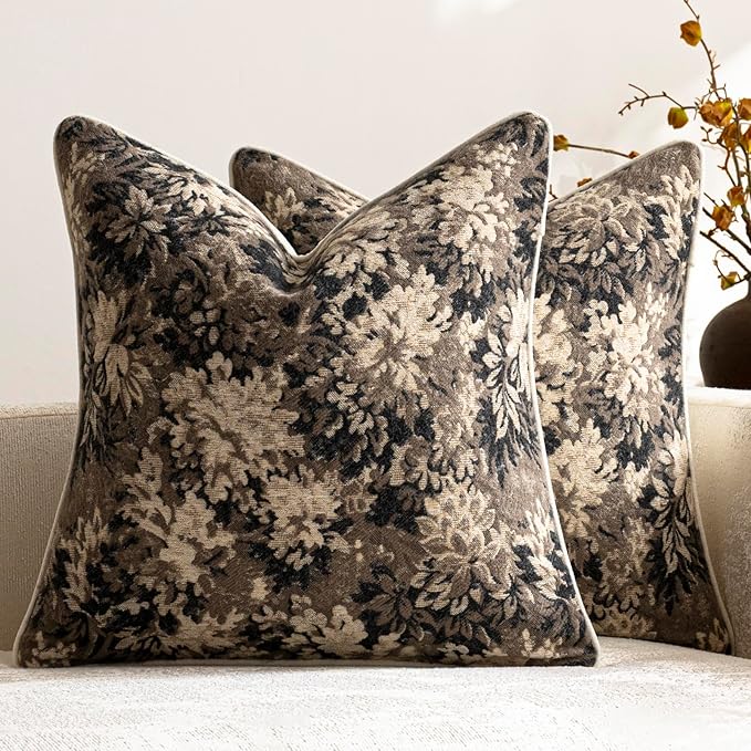 DEZENE Pack of 2 Vintage Floral Throw Pillow Covers 22x22 Boho Farmhouse Accents Chenille Square Decorative Pillow Cases for Living Room Couch Bed Home Decor, Taupe