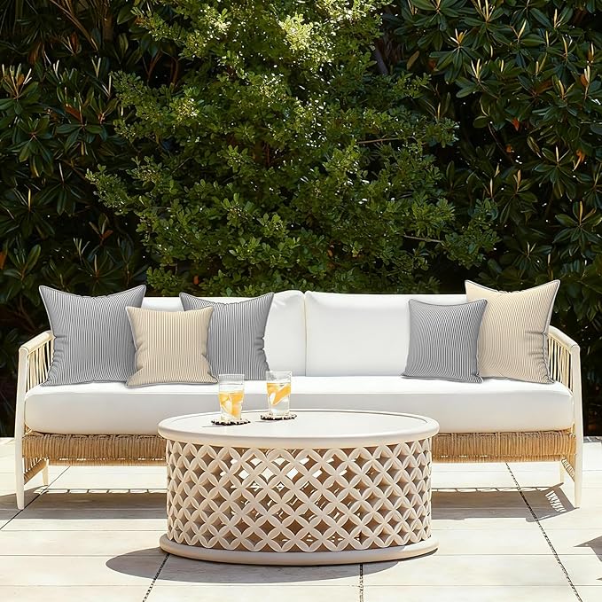 LVTXIII Set of 2 Patio Throw Pillows Waterproof 18"x18" Fade Resistant Outdoor Throw Pillows with Inserts, Fluffy Decorative Garden Toss Pillow Cushions for Home Patio Coach Sofa Use, Strip Beige