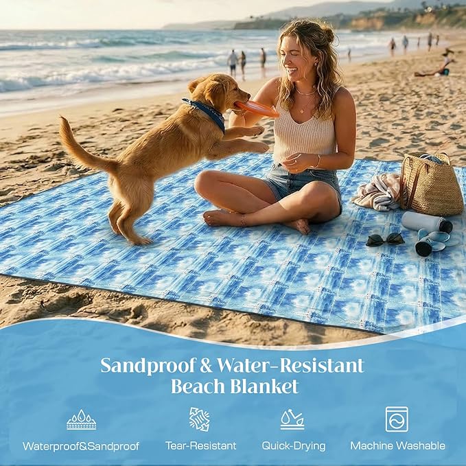 OIGAE Family Beach Blanket, 7×8 ft Sand-Free Picnic Mat for 1–4 People, Quick-Dry Lightweight Outdoor Blanket with Stakes & Corner Pockets, Sailing Boat