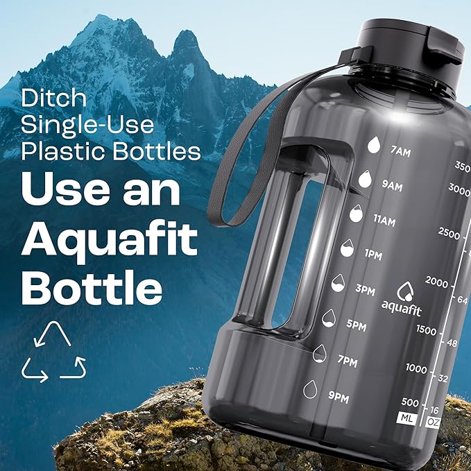 AQUAFIT 1 Gallon Water Bottle with Time Marker - Straw & Chug Lid - BPA Free Gym Water Bottle with Straw - Big Gallon Jug (Clarity, 128 oz - 2 Lids)