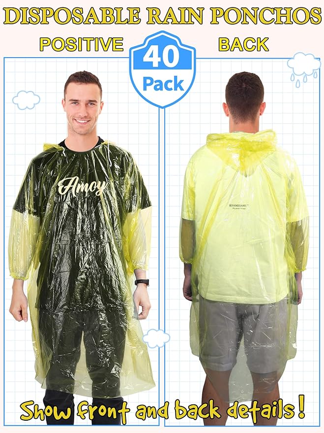40 Pack Disposable Rain Ponchos for Adults Disposable Ponchos Pack with Drawstring Hood Elastic Sleeves Raincoat for Camping